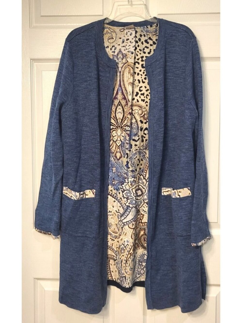Chico's Blue Cardigan Duster Sweater Paisley Leopard SZ L Pockets Long Line
